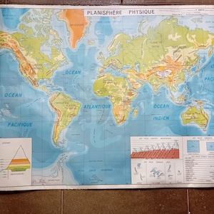 Weltkarte vintage französische Topographie 1966 Planisphere Phisique Rückseite Planisphere Faune et Vegitation Wanddekor