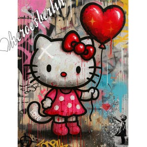 May include: A street art style painting featuring a white cat character with a red bow, wearing a pink polka dot dress, holding a large red heart-shaped balloon. The background is a textured wall with graffiti, paint drips, and the text heroesberlin.
