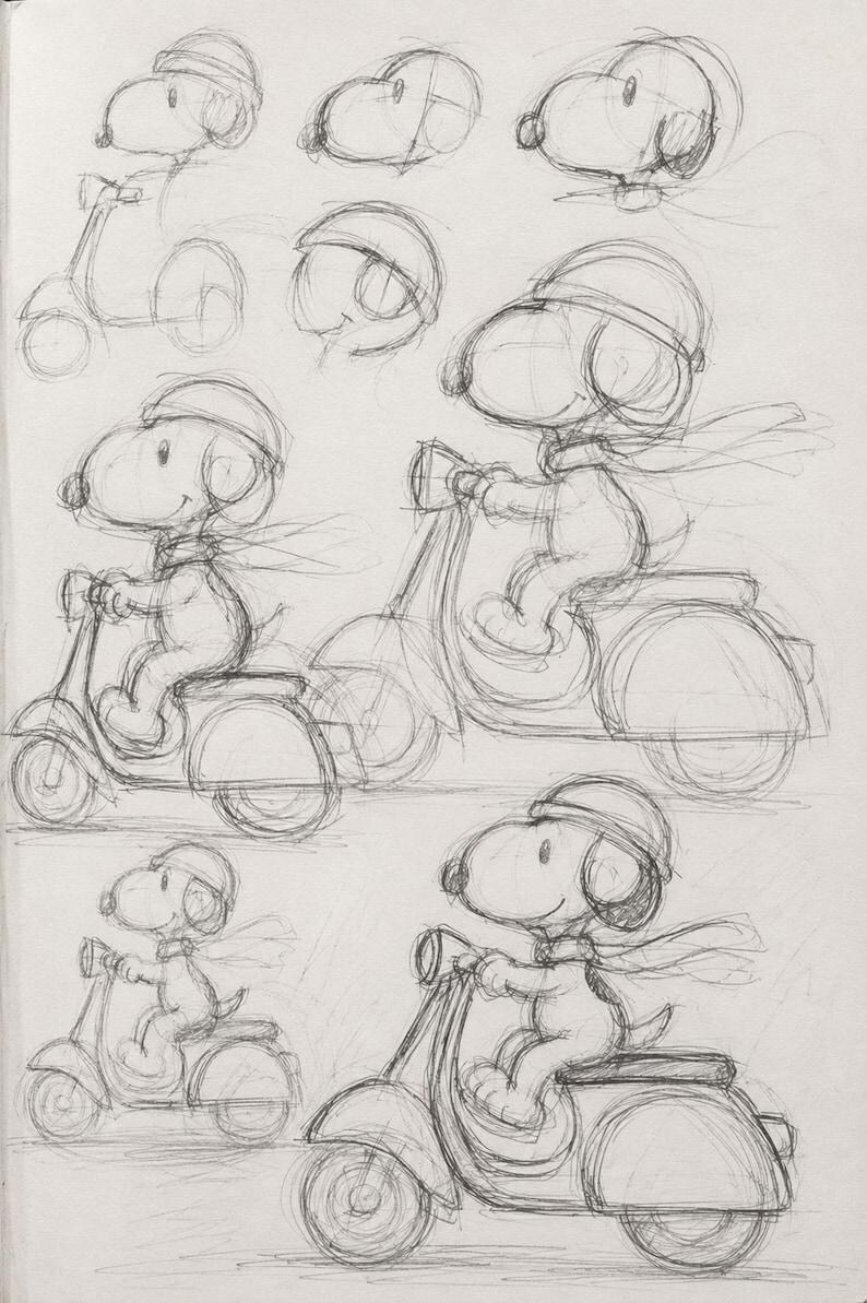 May include: A graphite pencil sketch on paper featuring multiple character studies of a beagle wearing a helmet and scarf while riding a motor scooter. The drawings include various poses and head angles, showcasing the character in motion.