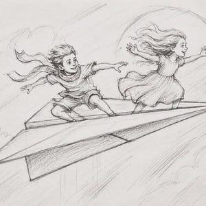 May include: A graphite pencil sketch depicting a young child in a t-shirt and shorts and another child in a dress standing on a large paper airplane. Both figures have their arms outstretched as if flying through the air with clouds in the background.