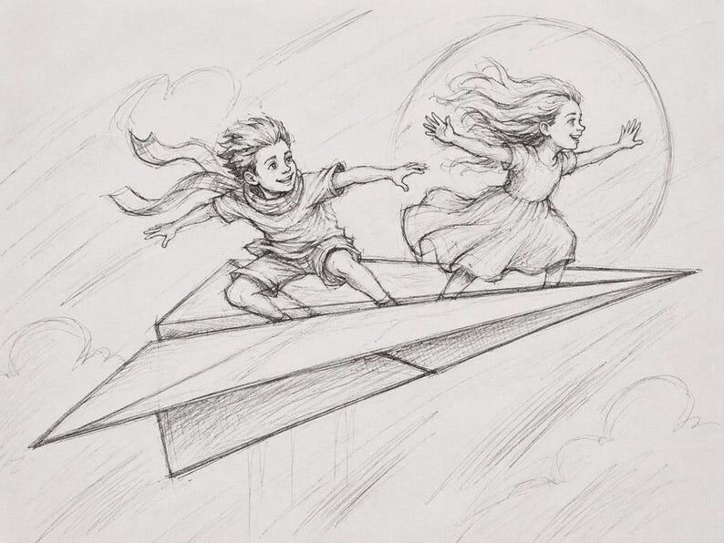 May include: A graphite pencil sketch depicting a young child in a t-shirt and shorts and another child in a dress standing on a large paper airplane. Both figures have their arms outstretched as if flying through the air with clouds in the background.