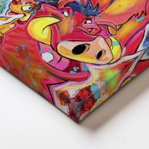 May include: A vibrant, colorful canvas print featuring a close-up of cartoon characters. The artwork showcases a dynamic composition with bold reds, yellows, and pinks, with splashes of blue and green. The style is reminiscent of pop art.