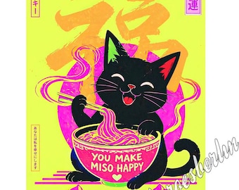 Japanische Katze isst Misosuppe– modernes Wandbild Wohnzimmer – farbenfrohe Kunst für stilvolle Räume und Wohnungen