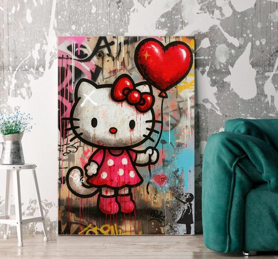 Pop Art Leinwand, Kitty als balloon girl , Contemporary Street Art besonderes Geschenk für Mädchen und Frauen