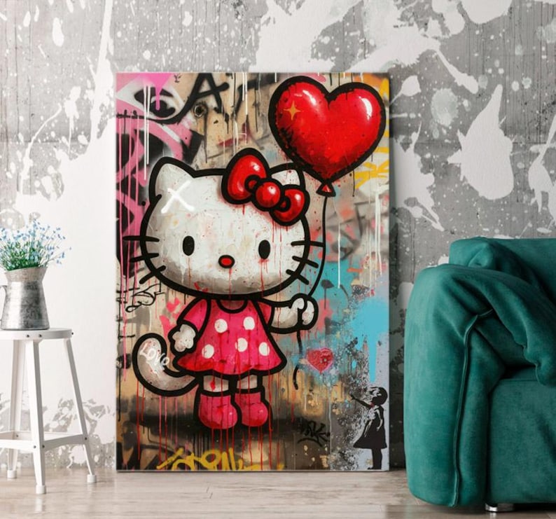 May include: A rectangular wall art print featuring a white cartoon cat with a red bow and a red polka dot dress, holding a large red heart-shaped balloon. The background is a textured urban graffiti wall with drips of paint and a small silhouette figure.