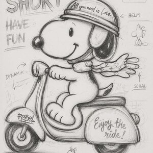 May include: A graphite pencil sketch featuring Snoopy riding a scooter, wearing a helmet with the text All you need is Love. The scooter has the text Rebel and Enjoy the ride. Woodstock sits on the helmet. Includes sketches of the character and scooter.