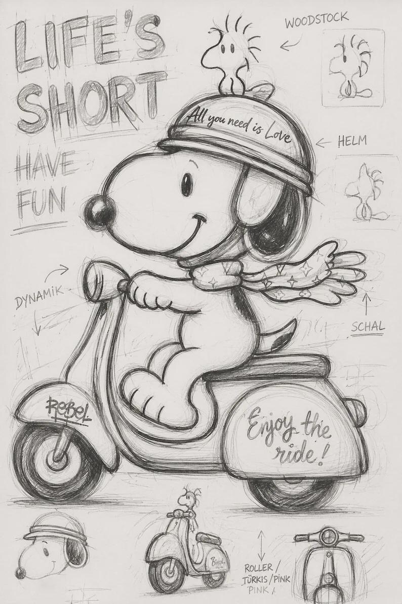 May include: A graphite pencil sketch featuring Snoopy riding a scooter, wearing a helmet with the text All you need is Love. The scooter has the text Rebel and Enjoy the ride. Woodstock sits on the helmet. Includes sketches of the character and scooter.