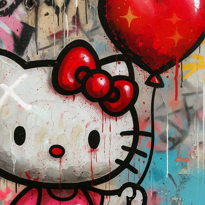 May include: A graffiti-style mural featuring the character Hello Kitty with a white face, black outlines, and a red bow. The character holds a large, glossy red balloon with star-shaped highlights. The background consists of layered spray paint.