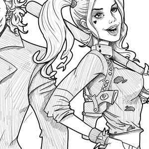 May include: A black and white line art illustration featuring two characters. On the left, a character with a wide, toothy grin and a double-breasted coat. On the right, a character with high pigtails, a heart tattoo on the cheek, and a baseball bat.