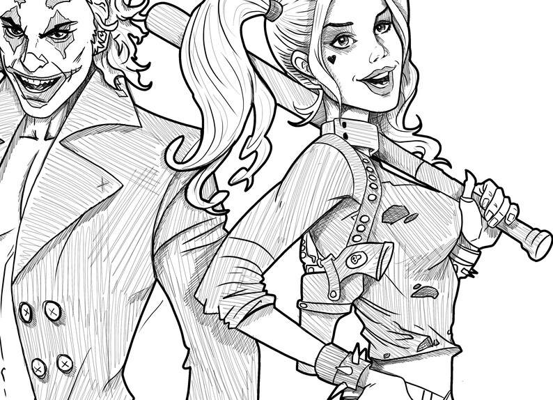 May include: A black and white line art illustration featuring two characters. On the left, a character with a wide, toothy grin and a double-breasted coat. On the right, a character with high pigtails, a heart tattoo on the cheek, and a baseball bat.