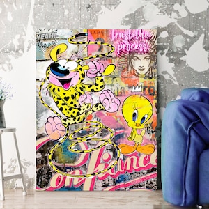 Pop Art Bild Kunst Leinwand Wanddeko Marsupilam vs Tweety Contemporary Modern Art Streetart Berlin Urban gelb