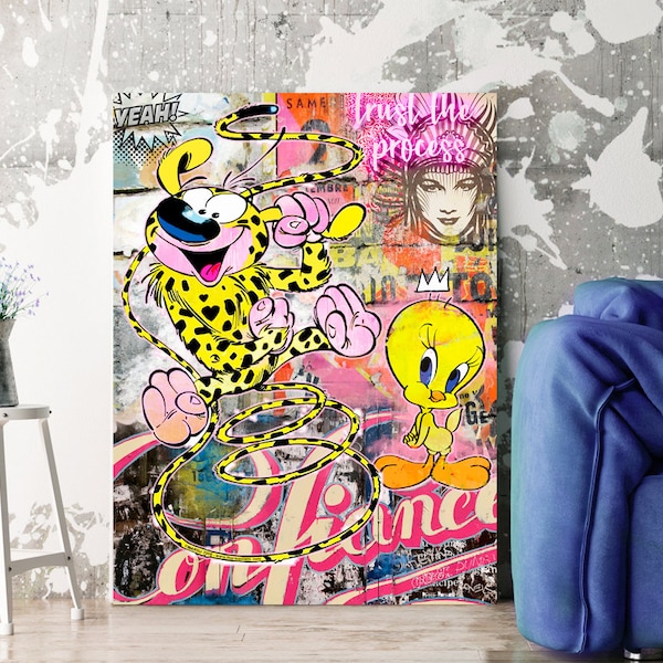 Pop Art Bild Kunst Leinwand Wanddeko Marsupilam vs Tweety Contemporary Modern Art Streetart Berlin Urban gelb Weihnachten