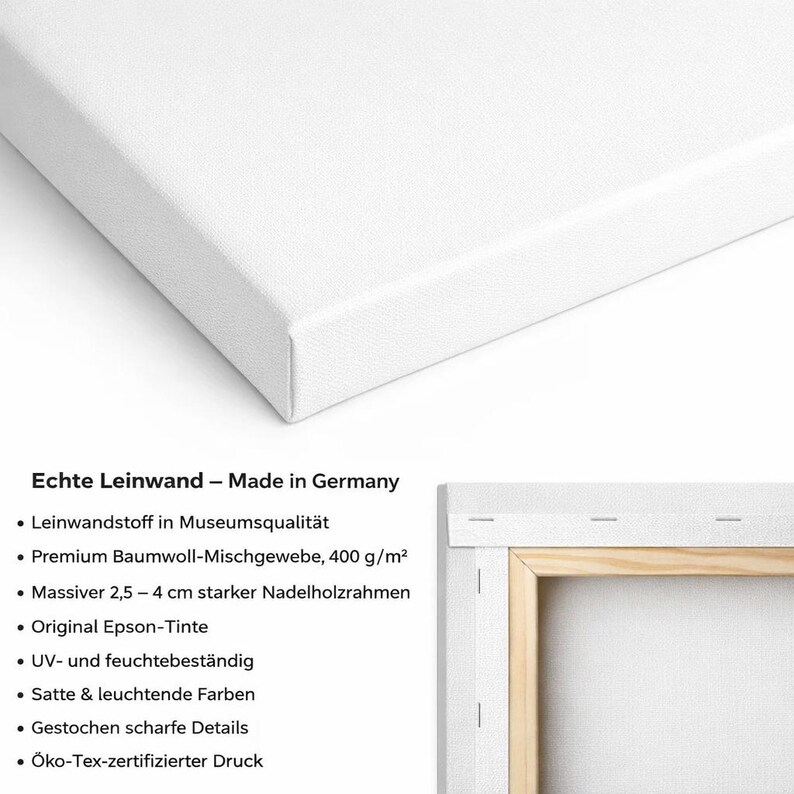 May include: A blank white canvas stretched over a wooden frame. The product features museum-quality cotton blend fabric, a 2.5 to 4 cm thick softwood frame, and UV-resistant ink. The text reads Echte Leinwand &ndash; Made in Germany and lists features.