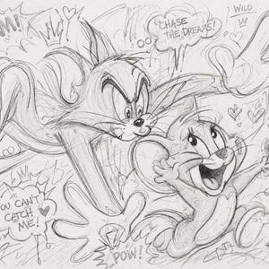May include: A graphite pencil sketch featuring a cat and a mouse in a dynamic chase. The cat looks determined while the mouse appears joyful. The drawing includes speech bubbles with the text BAM!, CHASE THE DREAMS!, YOU CAN'T CATCH ME!, POW!, HA!, WILD, BOSS, and various symbols like hearts, crowns, and diamonds.
