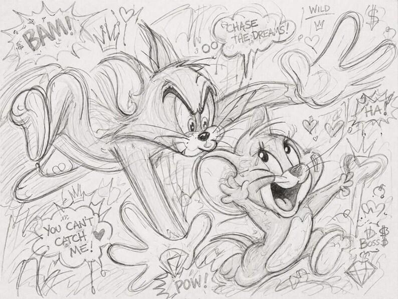 May include: A graphite pencil sketch featuring a cat and a mouse in a dynamic chase. The cat looks determined while the mouse appears joyful. The drawing includes speech bubbles with the text BAM!, CHASE THE DREAMS!, YOU CAN'T CATCH ME!, POW!, HA!, WILD, BOSS, and various symbols like hearts, crowns, and diamonds.