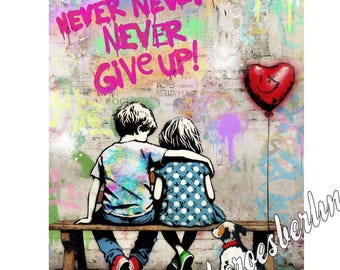 Pop Art Leinwandbild Kultur | Modernes Urban Canvas Art für Wohnzimmer | Contemporary Wanddeko | Geschenkidee für Zuhause Never give up