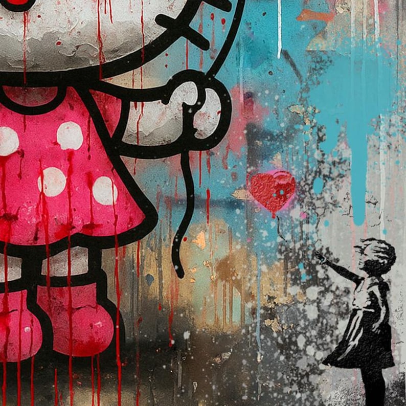 May include: A mixed media artwork featuring a large, stylized white cat character in a pink polka-dot dress with red paint drips. To the right, a small black silhouette of a person reaches toward a floating red heart balloon against a textured background of blue, white, and gold spray paint splatters.