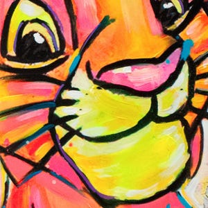 May include: Close-up of a vibrant abstract painting featuring a creature's face. The artwork uses bold brushstrokes and a vivid color palette of yellow, orange, pink, and black. The style is reminiscent of pop art.