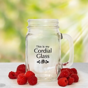 May include: A clear glass mason jar with a handle, labeled "This is my Cordial Glass" with a black raspberry design. The jar is surrounded by red raspberries on a white surface.