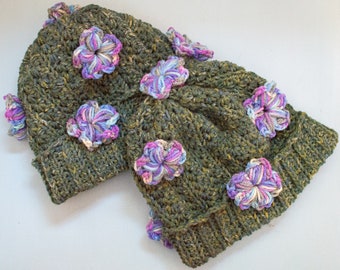 Cozy Hand-Made Mossy Green Crochet Beanie with Pastel Rainbow Flowers