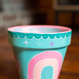 Teal Boho Rainbow Hand-Painted Flower Pot image 6