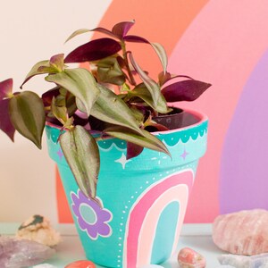 Teal Boho Rainbow Hand-Painted Flower Pot image 7