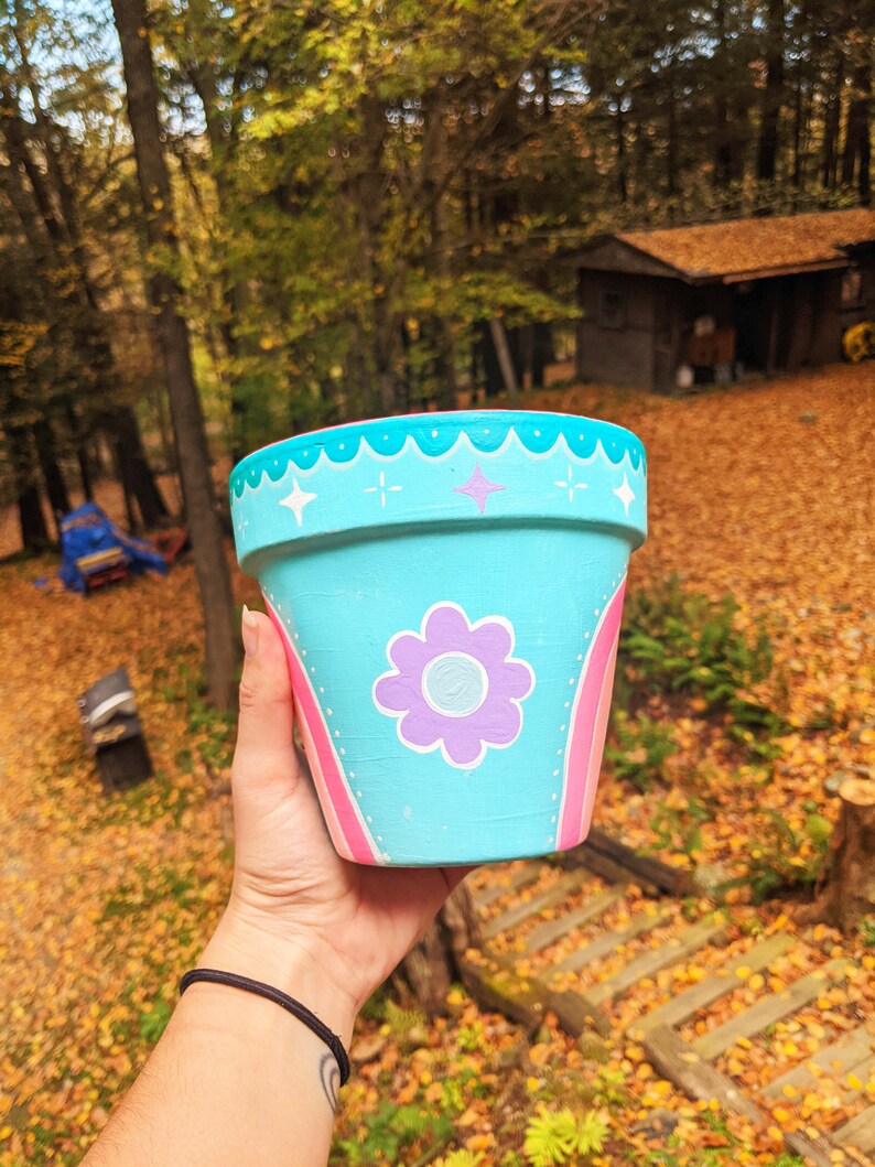 Teal Boho Rainbow Hand-Painted Flower Pot image 9