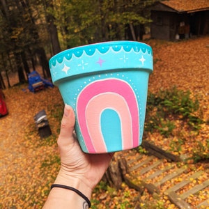 Teal Boho Rainbow Hand-Painted Flower Pot image 8