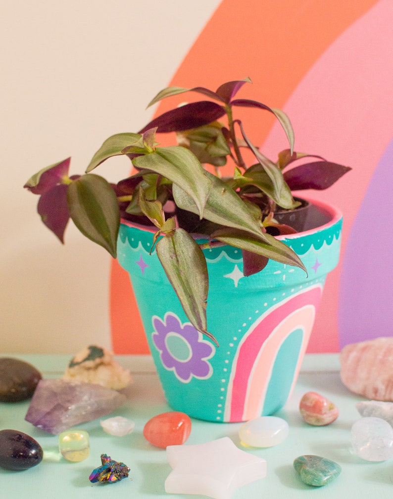 Teal Boho Rainbow Hand-Painted Flower Pot image 10