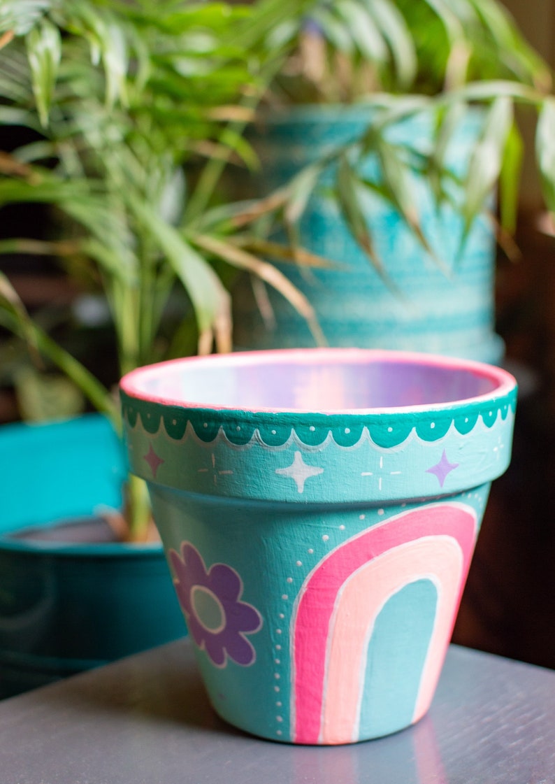 Teal Boho Rainbow Hand-Painted Flower Pot image 5