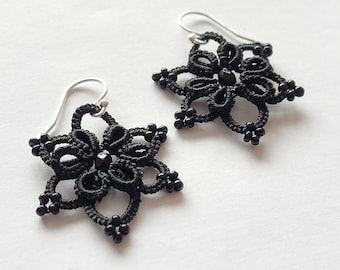 Tatting Pattern "Lena" Earrings, Tutorial Black Earrings, Do It Yourself, Make Your Own Earrings, Shuttle Tatting Pattern