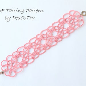 May include: A pink crocheted bracelet with silver clasps. The bracelet is made with a delicate pattern of loops and knots.  PDF Tatting Pattern by DesCoTru.