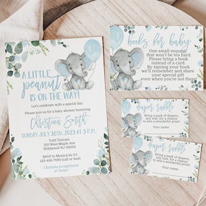 Elefanten-Babyparty-Einladungs-Set für einen Jungen - Bearbeitbare Einladungsvorlage, Windelverlosung und Buchkarte! Baby-210