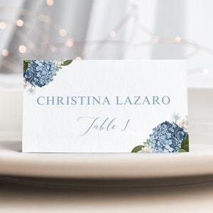 Plantilla de tarjetas de lugar para bodas con hortensias, plegadas o planas, programa de bodas florales moderno, ¡descarga y edición instantáneas hoy mismo! PP160