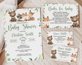 Woodland Baby Shower Invitation Set - Gender Neutral - Editable Invitation Template, Diaper Raffle and Book Card! Baby-205