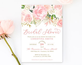 Bridal Shower Invitations - Pink and Gold Floral Bridal Shower Invitations Printed or Digital File - Watercolor Flowers - Bridal-124