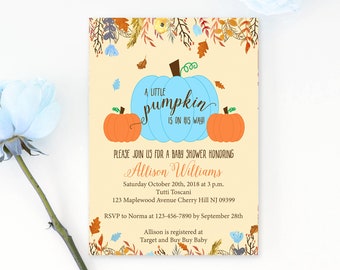 Pumpkin Baby Shower Invitations for a Boy - Printed Invitations - Fall Baby Shower Invitation for a Boy - A Little Pumpkin Baby-130