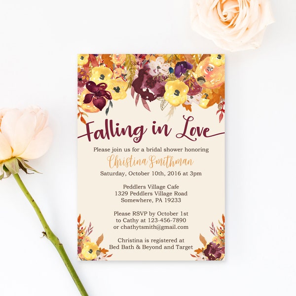 Fall Bridal Shower Invitations - Fall Floral Bridal Shower Invitations - Watercolor Floral - Fall in Love -  Bridal-101