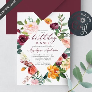 Fall Floral Birthday Dinner Invitation Template - Boho Flowers - Edit Yourself & Instant Download with Corjl! Birthday-108
