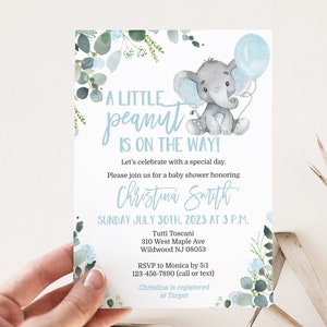 Elephant Baby Shower Invitation Template for a Boy Little Peanut Blue Edit Yourself & Instant Download with Corjl Baby-210 image 2