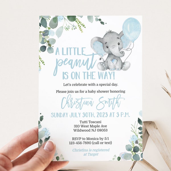 Elephant Baby Shower Invitation Template for a Boy - Little Peanut - Blue - Edit Yourself & Instant Download with Corjl! Baby-210