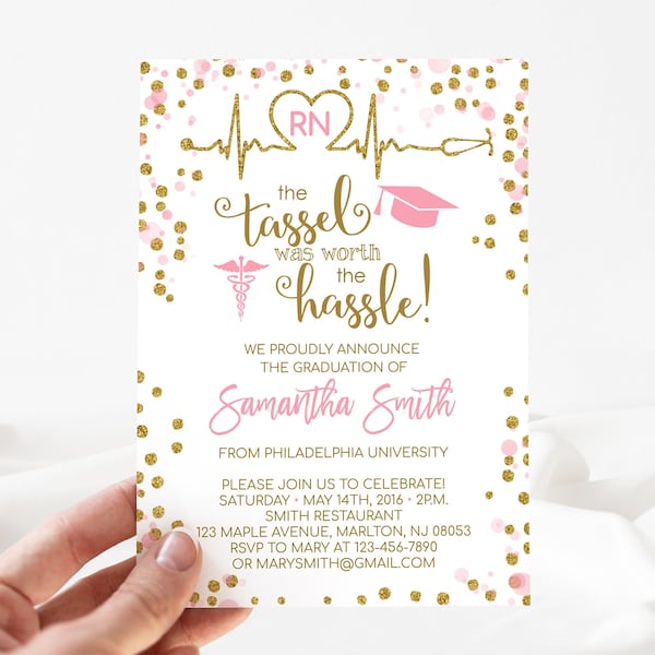 Nursing School Graduation Invitation Template - Pink and Gold - Edit Yourself and Download the Digital File with Corjl