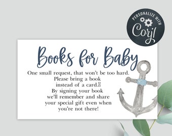 Nautical Baby Shower Books for Baby Cards - 3.5x2 Card - Edit Yourself & Instant Download! - Bring a Book Baby-218