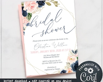 Blush Pink and Navy Bridal Shower Invitation Template - Edit Yourself and Download the Digital File with Corjl