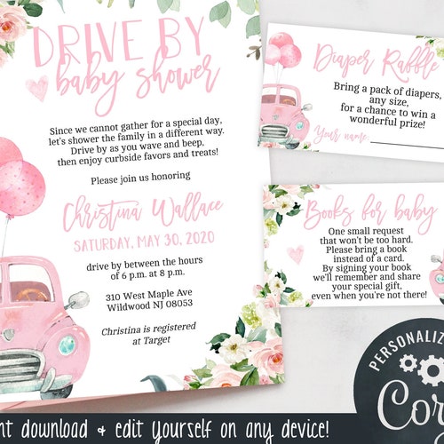 Drive by Baby Shower Invitations for Girls With Elephants Etsy