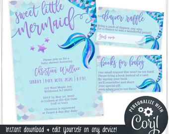 Mermaid Baby Shower Invitations for Girls - Edit Yourself & Instant Download with Corjl!