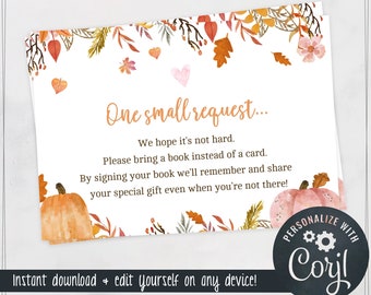 Fall Baby Shower Books for Baby Cards for Girls - Book Request Card - Edit Yourself & Instant Download! - A Little Pumpkin - Baby-162