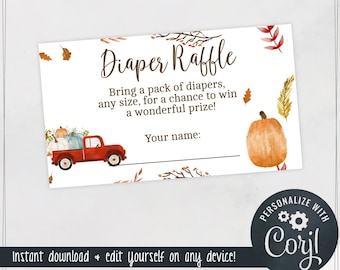 Fall Baby Shower Diaper Raffle Cards for a Boy - 3.5x2 Diaper Raffle Card - Edit Yourself & Instant Download! - A Little Pumpkin - Baby-161