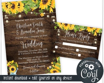 Rustic Sunflower Wedding Invitations Instant Download Template