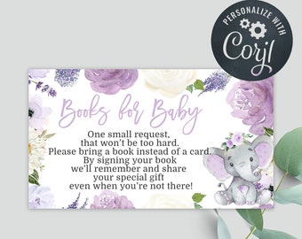 Purple Elephant Baby Shower Books for Baby Cards for a Girl - 3.5x2 Card - Edit Yourself & Instant Download! - A Little Peanut - Baby-229